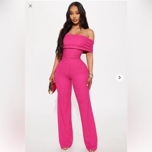 Fashion Nova Vibrant Pink Off-Shoulder Jumpsuit